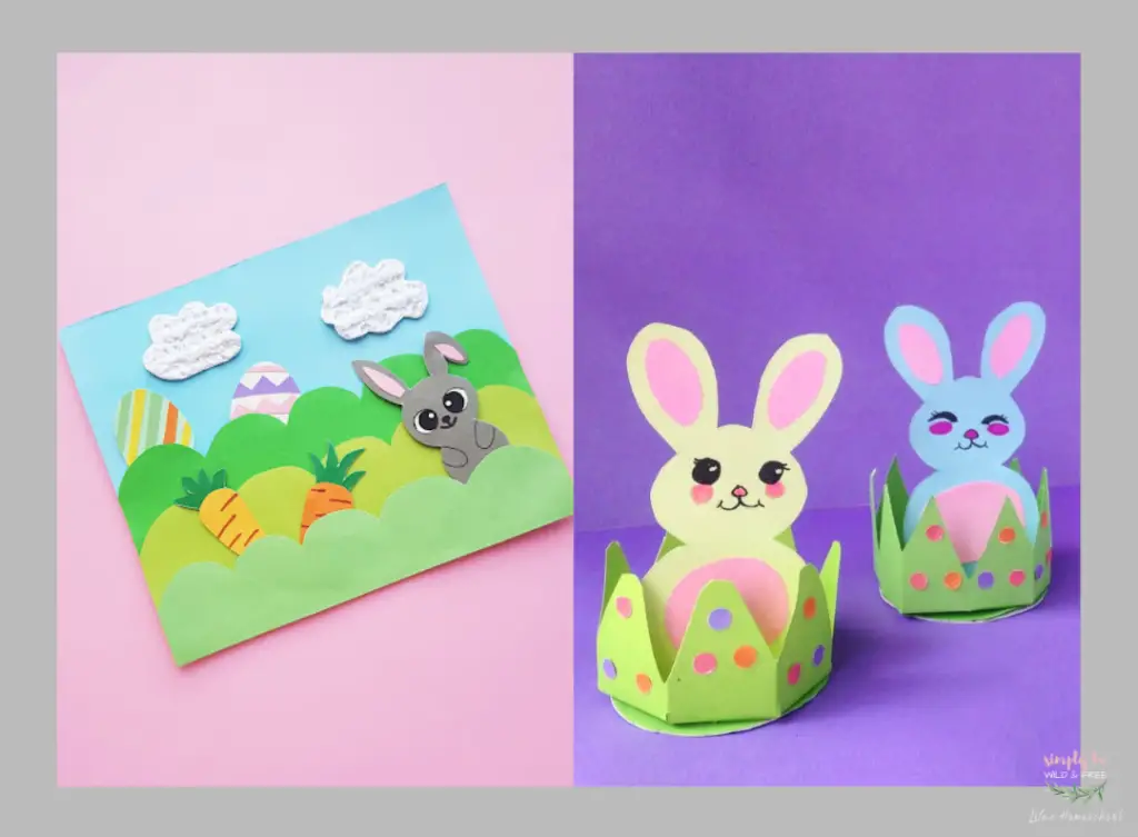 Cute Easter Bunnies on pink and purple backgrounds
