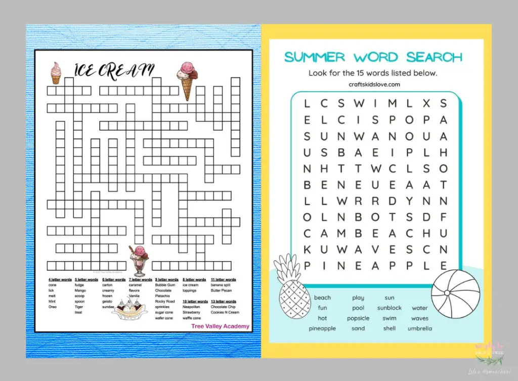 Summer Word Search Worksheets for Kids