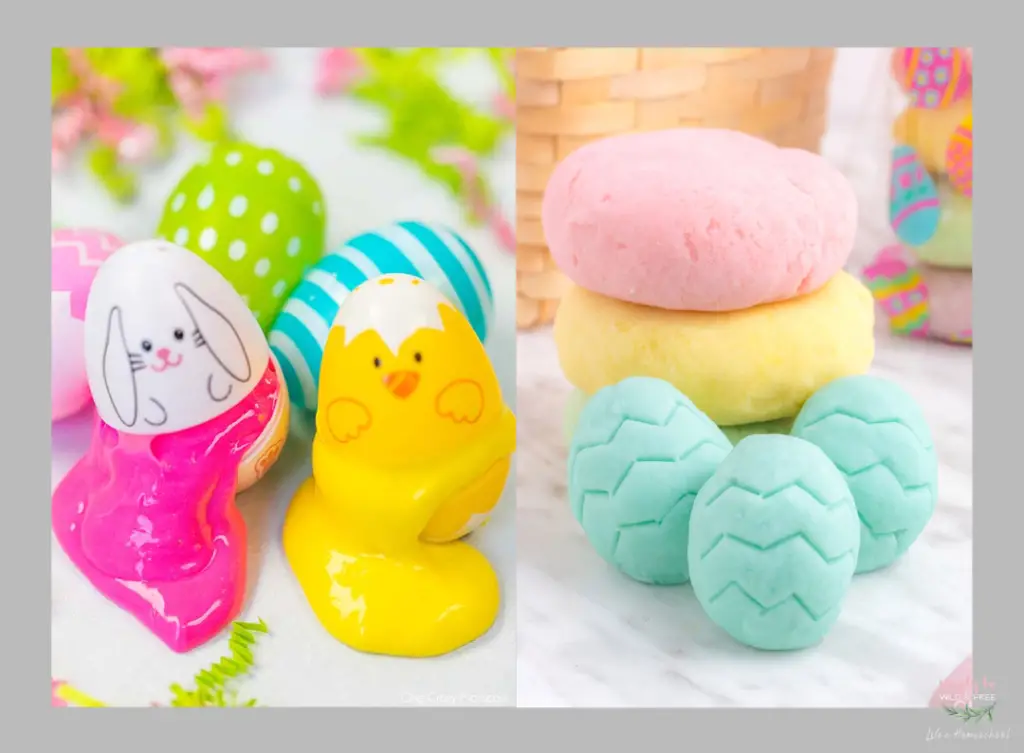 Fun bright colored slime & pastel play dough shaped like eggs Easter activities for kids