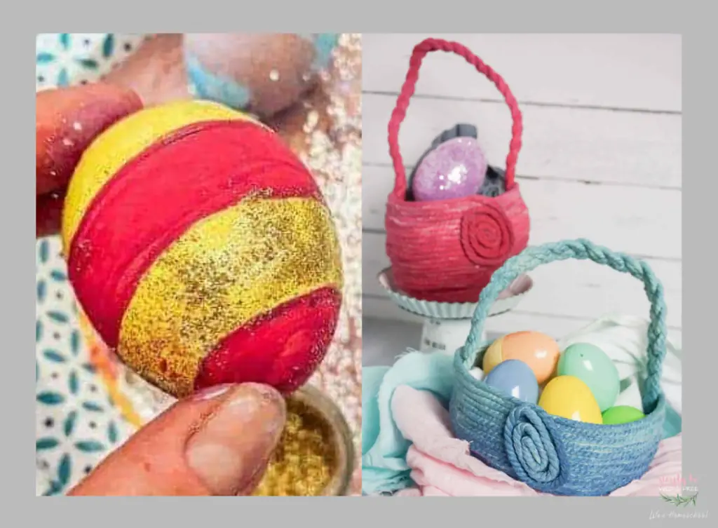 Red and yellow striped egg with pink and blue baskets